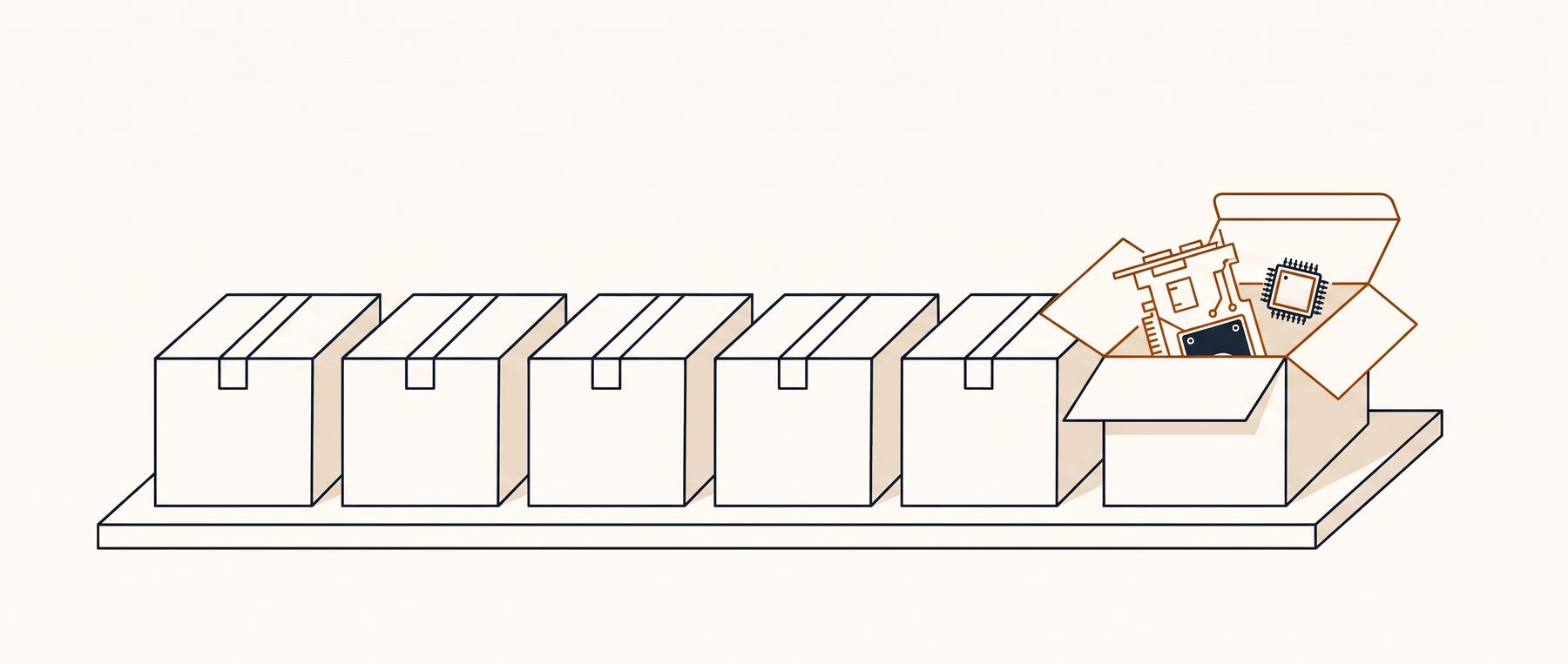 Line drawing of labelled boxes on a shelf, one open showing modular parts
